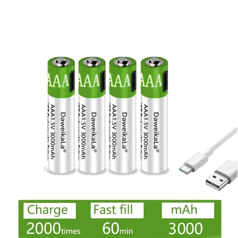 USB AAA Baterias Recarregáveis, Bateria Li-ion para Controle Remoto, Mouse, Brinquedo Elétrico, Cabo Tipo-C, 1.5V, 3000mAh