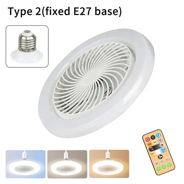 Ventilador de Teto com Controle Remoto, Modo de 3 Velocidades, Base de Iluminação de LED para Quarto, Sala, E27, AC85, 265V, 2 em 1