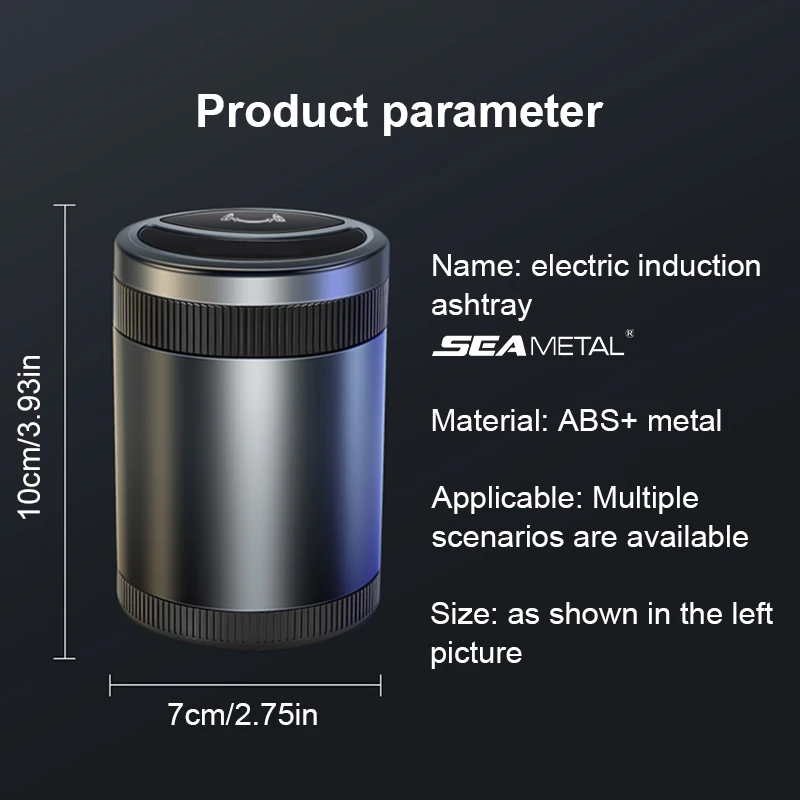 Cinzeiro inteligente com tampa e LED SEAMETAL, para carros, ambientes internos e externos